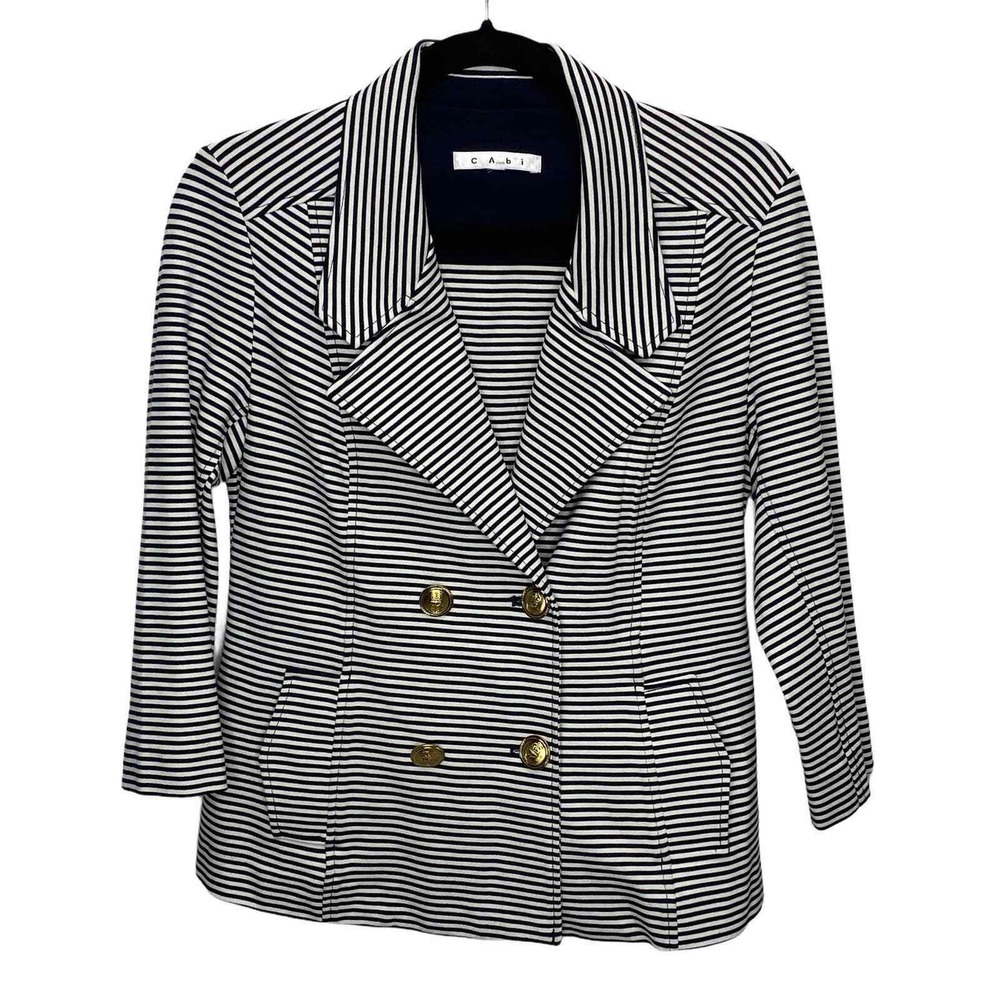 Cabi Double Breasted Blazer Womens Small White Blue Nautical Striped